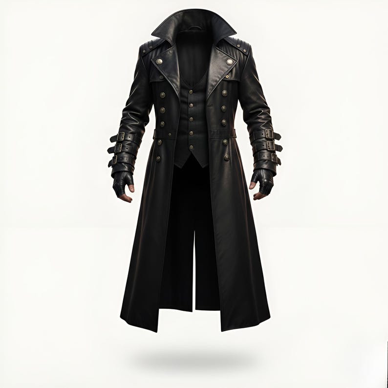 Men’s black leather trench coat with gothic steampunk design, long Victorian military style coat for men, front view