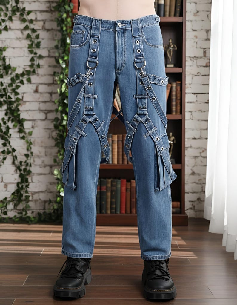 blue denim strap pants with multiple buckles and metal rings, edgy streetwear punk jeans for men and women