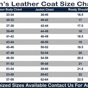 May include: A size chart for men's leather coats, with measurements for chest, jacket, shoulders, and sleeves in inches. Sizes range from XXS to 8XL. The chart includes the text "Note: Customized Sizes Available Contact Us For Any Confusion."