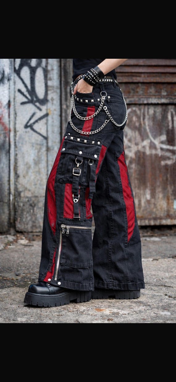 TRIPP NYC ボンテージパンツ 星柄 ブラック レッド PUNK y2k Crimson Grid Black Red Mesh Cargo Pants, Gothic Cyberpunk Wide Leg