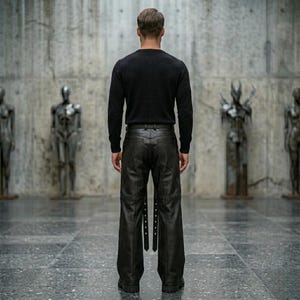 Back view of men's gothic leather pants highlighting the clean stitching, rear pockets, and the structured wide-leg silhouette in premium black leather.