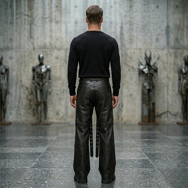 Back view of men's gothic leather pants highlighting the clean stitching, rear pockets, and the structured wide-leg silhouette in premium black leather.