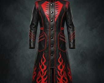 Men's Black Leather Long Coat with Red Flame Print | Gothic Cyberpunk Overcoat | Vampire Cosplay Duster | Anime Techwear Jacket