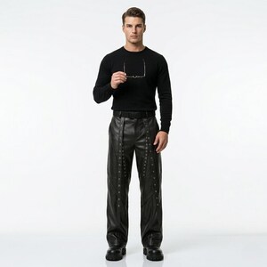 wide-leg black leather gothic pants with long grommet straps