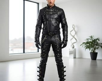 Men's Black Leather Harness Jacket and Pants Set, Handcrafted Full Body Leather Suspension Suit, Goth BDSM Costume, Men's Fetish Costume