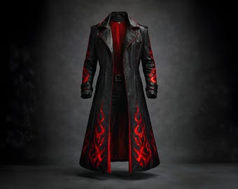 Black Red Flame Leather Trench Coat, Gothic Biker Duster Jacket, Matrix Style Long Coat, Halloween Costume, Gift for Him