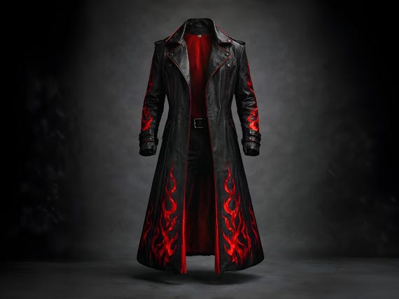 Black Flame Leather Gothic Coat, Men's Vampire Trench Coat, Long Biker Leather Duster, Dark Fantasy Jacket, Halloween Cosplay Outfit Gift