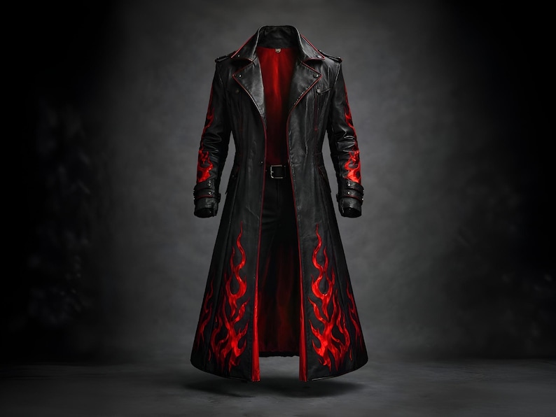 black and red flame genuine leather trench coat with gothic biker style and full length duster design