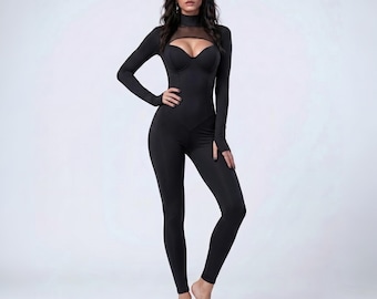 Women's Black Gothic Jumpsuit, Long Sleeves Cyberpunk Futuristic Bodysuit, Handmade Sheer Mesh Elastane Catsuit, Costume For Halloween