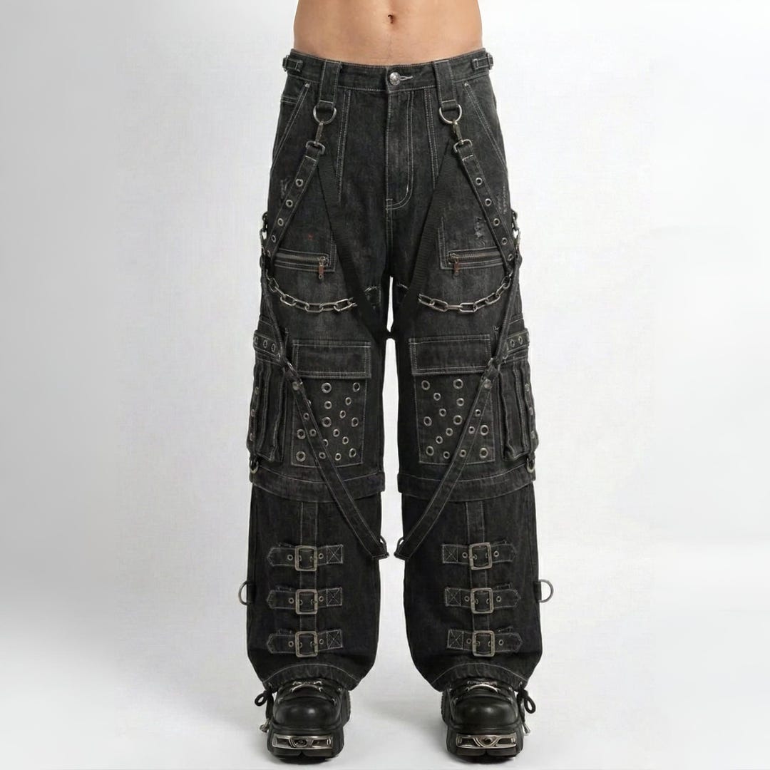 Gothic Cargo Pants Men, Black Wide Leg Techwear Pants, Punk Rave