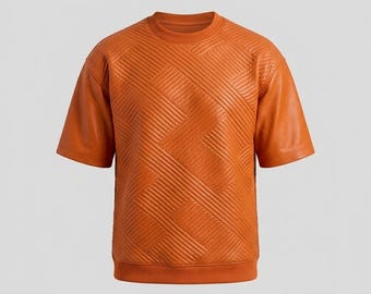 Genuine Lambskin Leather Burnt Orange Quilted T-Shirt, Premium Embossed Leather Streetwear Top, Geometric Textured Short Sleeve Sweatshirt