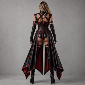 May include: A black and red sleeveless outfit featuring a high-neck bodice with crisscross straps, a long open-front skirt, matching arm sleeves, and thigh-high boots. The garment is detailed with numerous buckles, straps, and red trim accents.