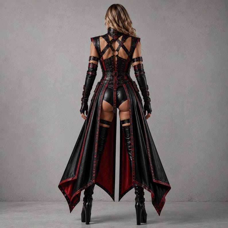 May include: A black and red sleeveless outfit featuring a high-neck bodice with crisscross straps, a long open-front skirt, matching arm sleeves, and thigh-high boots. The garment is detailed with numerous buckles, straps, and red trim accents.