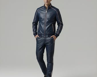 Handmade Blue Leather Moto Suit, Genuine Leather Jacket & Pant