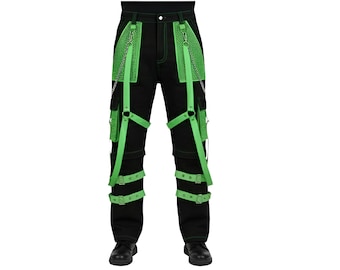 Cyberpunk Green Strap Pants, Techwear Gothic Trousers, Black Cotton Punk Rave Pants, Chain Streetwear Cargo Pants Alt Fashion
