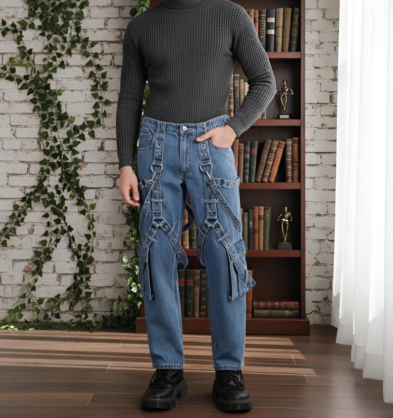 blue denim strap pants with multiple buckles and metal rings, edgy streetwear punk jeans for men and women