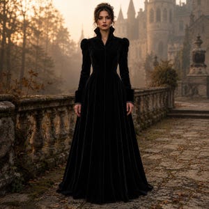 Peut inclure: Une robe longue en velours noir dot&eacute;e d'un col montant, de manches longues aux &eacute;paules structur&eacute;es et d'un corsage ajust&eacute; qui se prolonge par une jupe ample et fluide. Le v&ecirc;tement est confectionn&eacute; dans un tissu sombre &agrave; la texture douce.