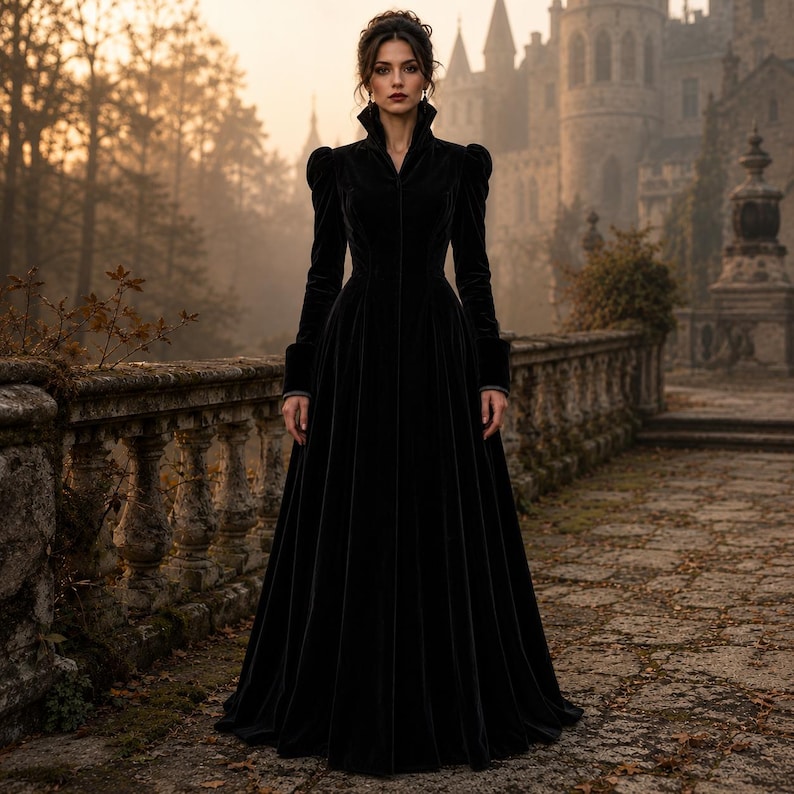 Peut inclure: Une robe longue en velours noir dot&eacute;e d'un col montant, de manches longues aux &eacute;paules structur&eacute;es et d'un corsage ajust&eacute; qui se prolonge par une jupe ample et fluide. Le v&ecirc;tement est confectionn&eacute; dans un tissu sombre &agrave; la texture douce.