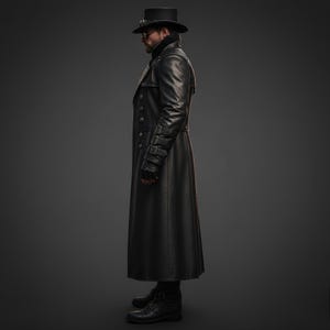 Men’s black leather trench coat with gothic steampunk design, long Victorian military style coat for men, Side view