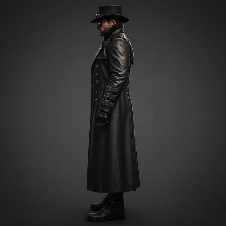 Men’s black leather trench coat with gothic steampunk design, long Victorian military style coat for men, Side view