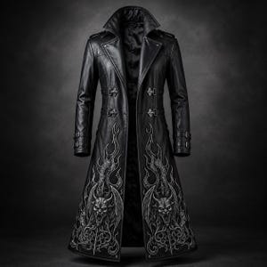 Gothic Leather Trench Coat Men, Vampire Gargoyle Print Duster Coat, Black Matrix Long Jacket, Punk Rock Steampunk Coat, Halloween Costume