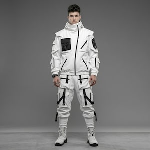 Futuristisk cyberpunk taktisk outfit, vit Techwear Combat Cargo jacka med byxor, Streetwear Cosplay-kostym, vattentät vindjacka