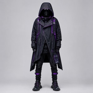 Puede incluir: Un abrigo largo negro con capucha, detalles en morado, múltiples correas utilitarias y hebillas. El conjunto incluye pantalones negros a juego con correas moradas y botas tácticas negras, presentando un diseño de capas.