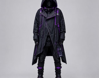 May include: A black hooded long coat featuring purple accents, multiple utility straps, and buckles. The outfit includes matching black trousers with purple strap details and black tactical boots. The design incorporates a layered aesthetic.
