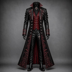 Può includere: Un lungo cappotto nero con ricami floreali rossi, un gilet rosso e pantaloni neri. Il cappotto presenta bottoni argentati, spalle strutturate e un colletto alto. Include una camicia nera con una spilla con pietra rossa e una catena da orologio.