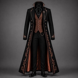 May include: A black long coat featuring copper-colored embroidery along the lapels and hem, paired with a brown vest, black trousers, and a black cravat. The coat has double-breasted buttons and a copper chain accessory attached to the vest.