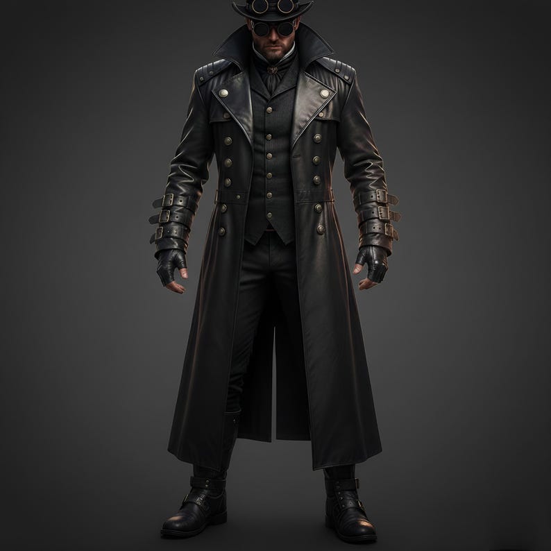 Men’s black leather trench coat with gothic steampunk design, long Victorian military style coat for men, front view