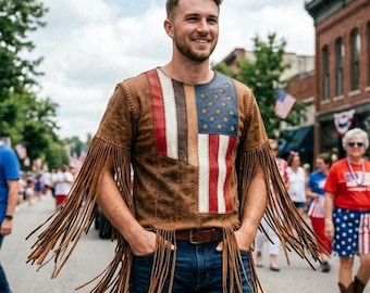 American Flag Fringe Leather Shirt, Western Cowboy Leather Top, Patriotic USA Fringe Jacket Shirt, Festival Wear Handmade Leather Outfit