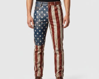 Distressed American Flag Leather Pants Men, Slim Fit Biker Trousers, Patriotic USA Festival Wear, Vintage 4th of July Jeans