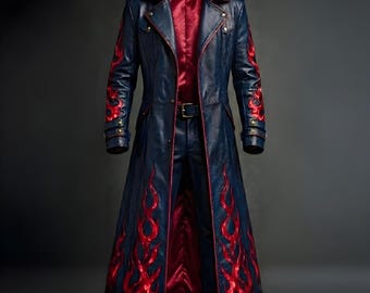 Gothic Green Flame Blue Leather Trench Coat | Cyberpunk Long Jacket | Anime Cosplay Biker Long Coat | Techwear Punk Outerwear