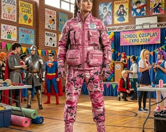 Distinctive Pink Camouflage Techwear Tactical Cosplay Outfit, PUBG 2 Piece Urban Combat Set, Airsoft, Paintball, Festival Rave Outfit