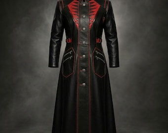 Handmade Black & Red Gothic Vampire Leather Trench Coat, Cyberpunk 2077 Inspired Victorian Military Cosplay Long Coat for Men