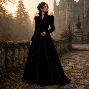 Peut inclure: Une robe manteau longue en velours noir dot&eacute;e d'un col montant, de manches longues aux &eacute;paules structur&eacute;es et d'un corsage ajust&eacute; qui se prolonge par une jupe ample et fluide. Le v&ecirc;tement est ferm&eacute; par une rang&eacute;e de boutons centraux.