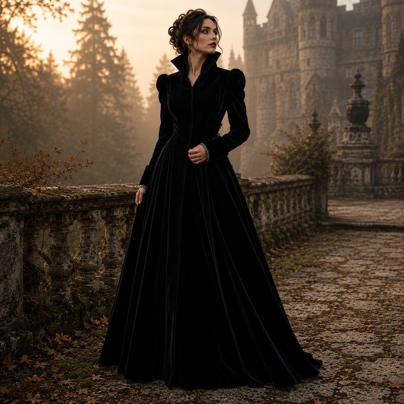 Peut inclure: Une robe manteau longue en velours noir dot&eacute;e d'un col montant, de manches longues aux &eacute;paules structur&eacute;es et d'un corsage ajust&eacute; qui se prolonge par une jupe ample et fluide. Le v&ecirc;tement est ferm&eacute; par une rang&eacute;e de boutons centraux.