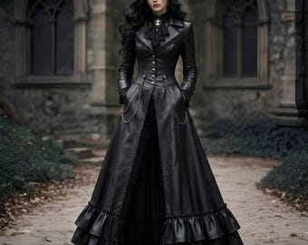Gothic Black Leather Trench Coat Women, Victorian Long Leather Coat, Steampunk Maxi Jacket, Dark Academia Gothic Outfit
