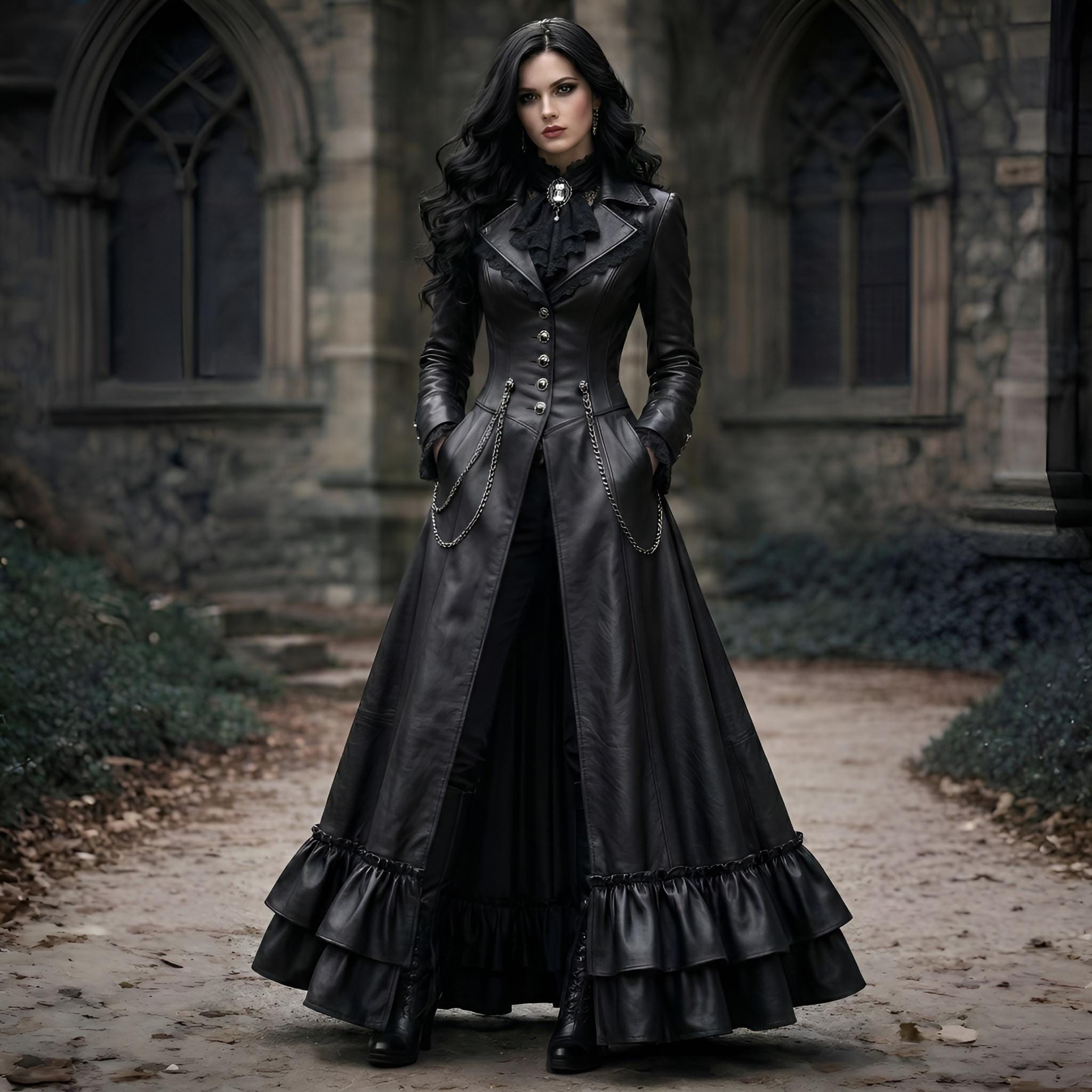 Gothic Black Leather Trench Coat Women, Victorian Long Leather