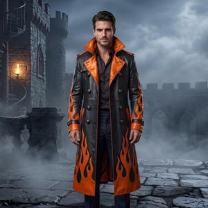 Black Orange Flame Lambskin Leather Trench Coat, Gothic Matrix Coat, Men's Halloween Costume, Fire Biker Duster Jacket, Cyber Punk Long Coat