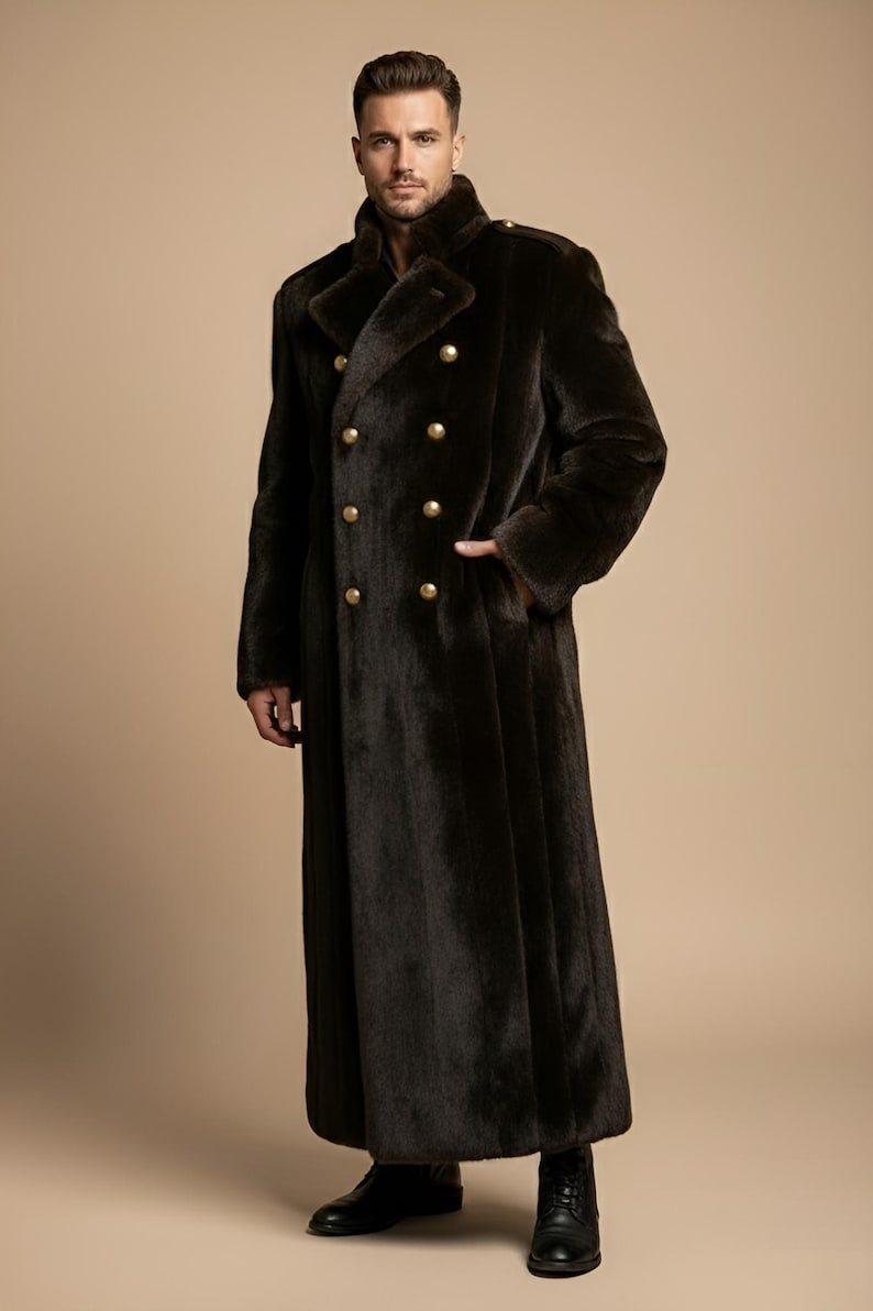 Chocolate mink faux fur coat for men, long full length winter overcoat, luxury handmade vintage style fur coat