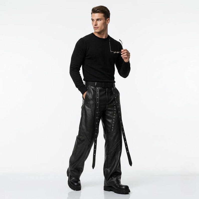 Fashionable men's black leather punk pants with a wide-leg cut and multiple metal eyelet straps, shown in a professional modeling pose on a clean white background.