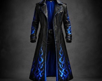 Black Blue Flame Gothic Leather Coat, Vampire Matrix Trench Jacket, Mens Biker Cyberpunk Long Coat, Halloween Cosplay Overcoat, Gift for Him