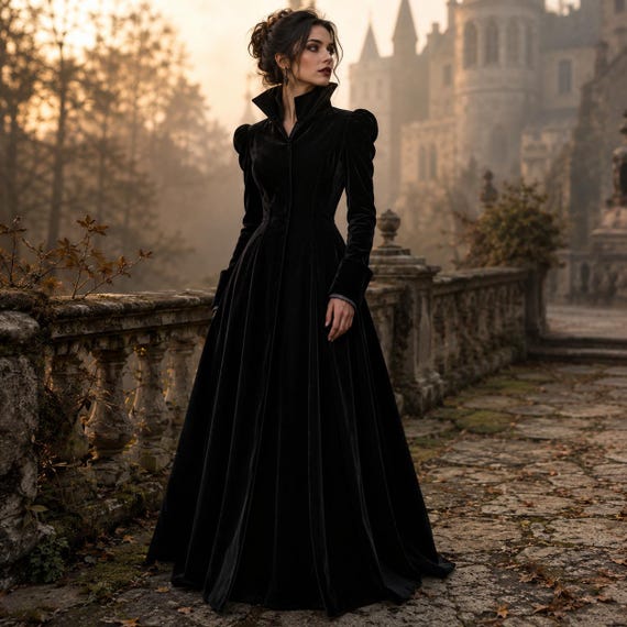 Black Velvet Gothic Trench Coat Women, Victorian Halloween Coat, Long Gothic Princess Coat, Vampire Wedding Coat, Witch Costume