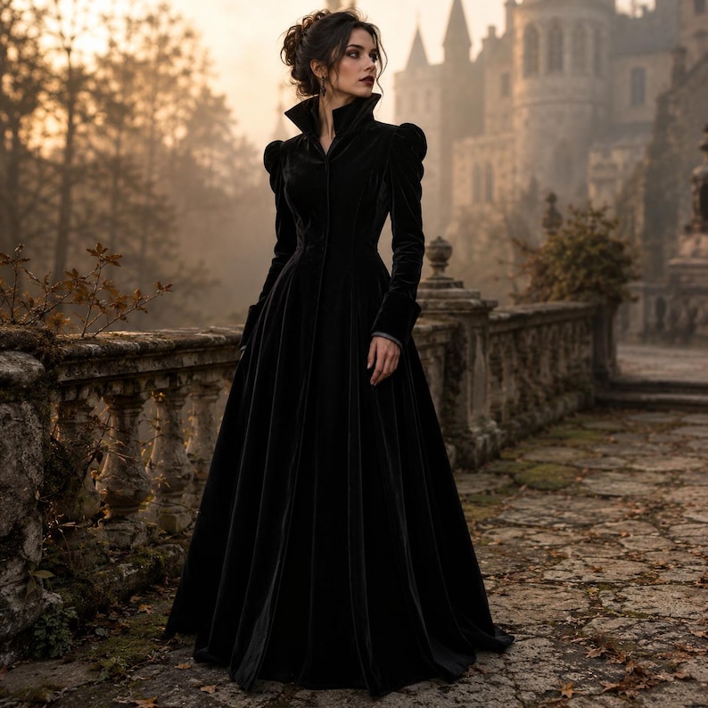 Peut inclure: Une robe manteau longue en velours noir dot&eacute;e d'un col montant, d'&eacute;paules structur&eacute;es bouffantes, de manches longues avec poignets et d'un corsage ajust&eacute; qui se prolonge en une jupe ample et fluide. Le v&ecirc;tement se ferme par des boutons sur le devant.