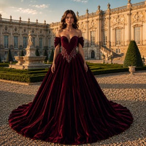 May include: A floor-length, off-the-shoulder velvet gown in a deep burgundy hue. The bodice features a sweetheart neckline and intricate, multi-colored beaded embellishments concentrated at the waist, flowing into a full, voluminous skirt.
