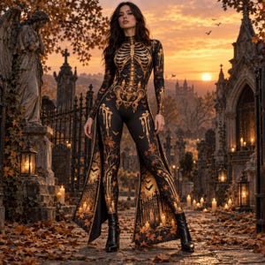 May include: A long-sleeved black jumpsuit featuring a gold skeletal ribcage print on the torso, melting candle motifs, and a lower leg design depicting a cemetery gate with autumn leaves and bats, paired with black ankle boots.
