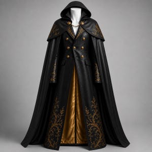 May include: A black hooded cloak featuring a double-breasted coat design with gold buttons, a gold chain closure at the neck, and intricate gold embroidery along the shoulders, sleeves, and hem, revealing a solid gold satin lining underneath.