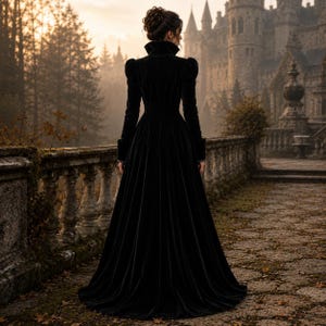 Peut inclure: Une robe longue en velours noir dot&eacute;e d'un col montant, de manches longues aux &eacute;paules structur&eacute;es et d'un corsage ajust&eacute; qui se prolonge en une jupe ample et fluide. Le v&ecirc;tement est pr&eacute;sent&eacute; de dos, mettant en valeur sa texture lisse.